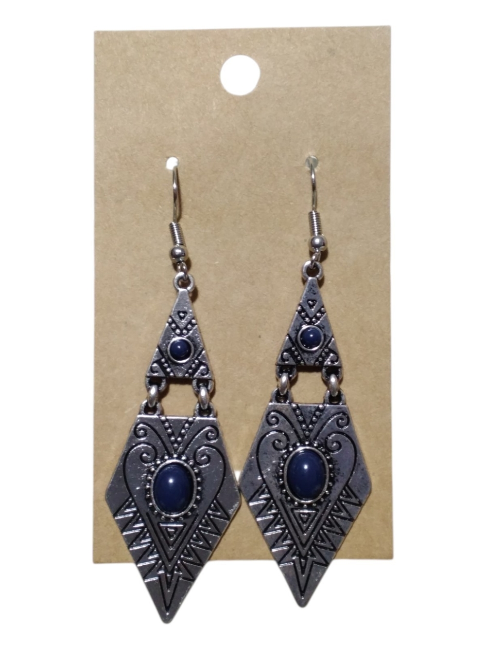 Silver-Tone Geometric Drop Earrings with Navy Stones